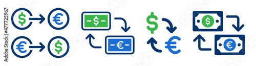 Currency exchange, dollar to euro icon set. 