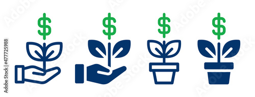 Money plant on hand icon set.