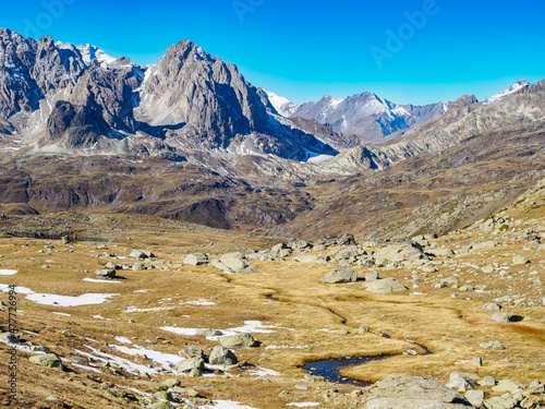 Mountain view in Ecrins national park near refuge Drayeres, France photo