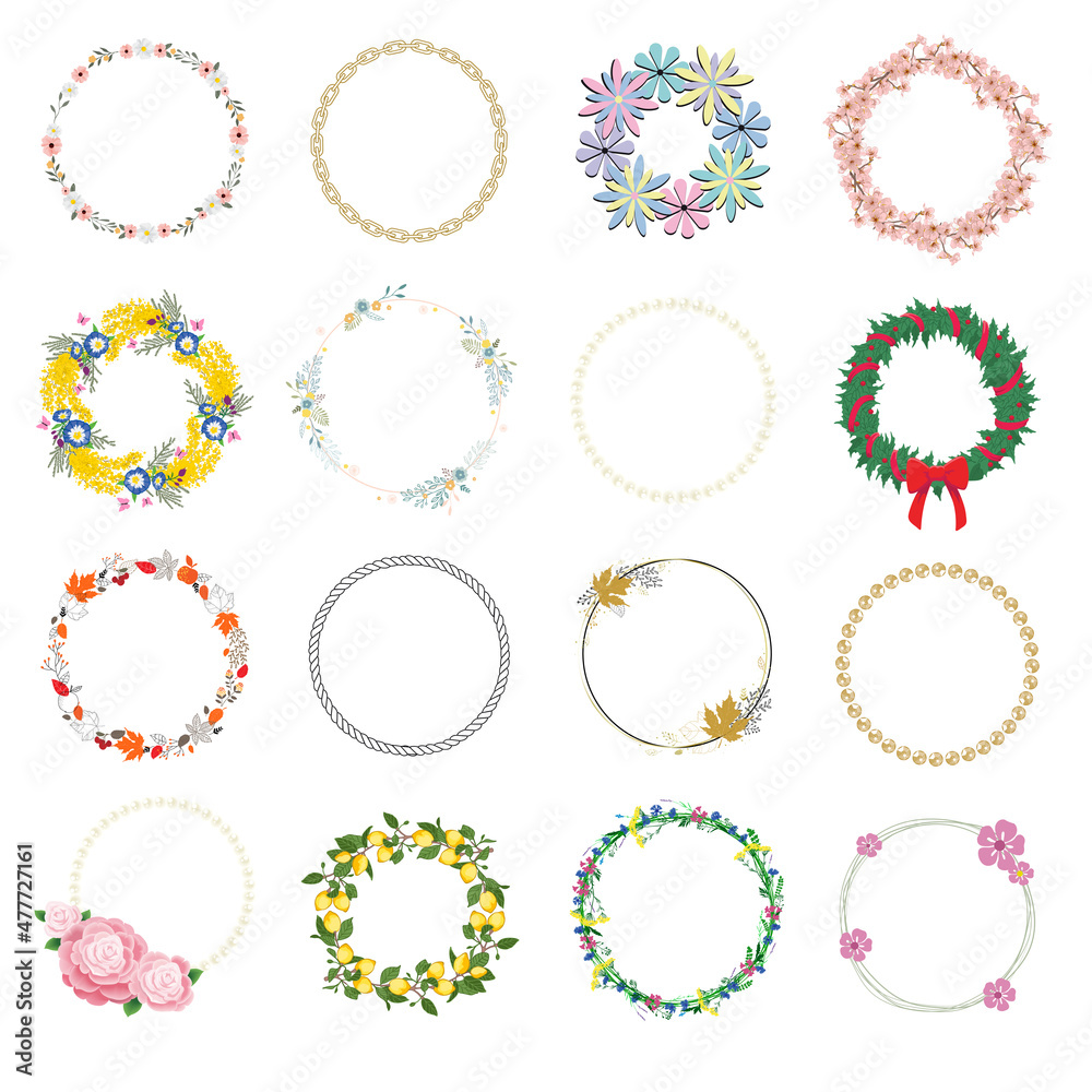 Hand drawn wreath set made in vector.Leaves and flowers garlands.Romantic floral design elements.A collection of various round frames. Hand drawn wreath set made in vector.Leaves and flowers garlands.Romantic floral design elements.A collection of various round frames.
