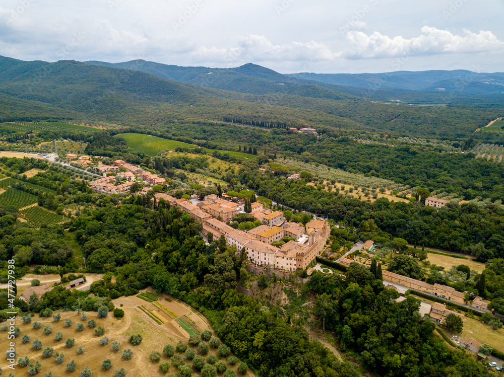 Aerial Drone view Bolgheri dall'alto, Viale dei Cipressi, cypress road and olive trees in Livorno Tuscany, Italy Aerial Drone view Bolgheri dall'alto, Viale dei Cipressi, cypress road and olive trees in Livorno Tuscany, Italy