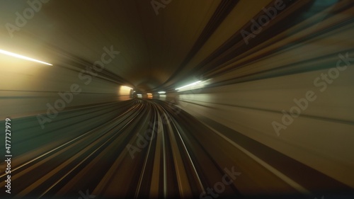, Metro FPV POV At Fast Speed Drive Motion. Tunnel. driverless metro in blurred