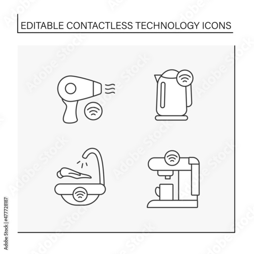 Contactless technology line icons set. Wi-fi enabled coffee maker, hand washing station, hairdryer, electric kettle. Touchless device concept. Isolated vector illustrations. Editable stroke