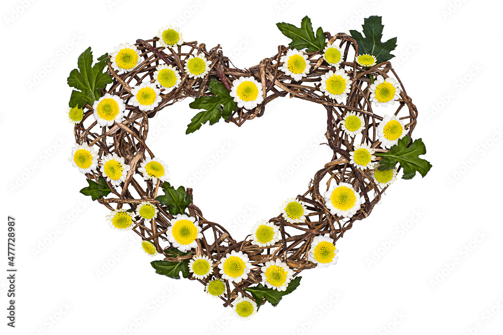 A braided heart decorated with chamomile flowers and green leaves, isolated on a white background.
