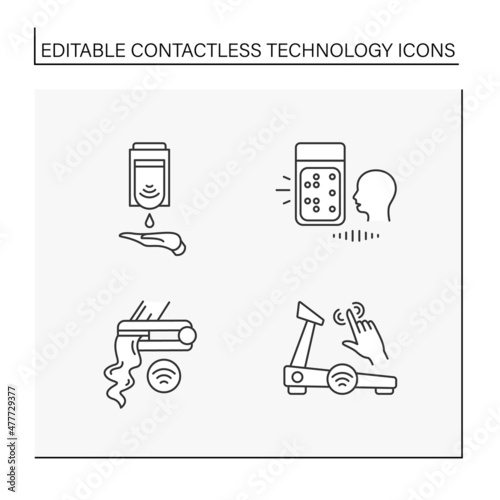 Contactless technology line icons set. Hand sanitizer dispenser, voice input system, hair straightening iron, sport simulator. Touchless device concept. Isolated vector illustrations. Editable stroke
