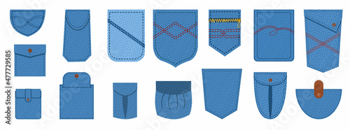 Patch denim pocket. Blue stripes on the pockets of the uniform with a seam. A set of vector isolated illustrations in a flat style