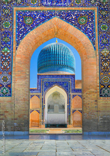 Beautiful arch portal of ancient Bibi-Khanym Mosque in Samarkand, Uzbekistan. It is one of the foremost interesting place in Central Asia