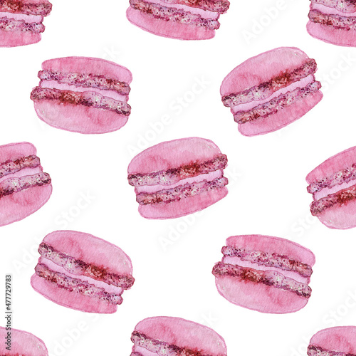 Handpainted seamless watercolor pattern with pink macaroons. Elegant sketches. Good for menu cafe restaurant
