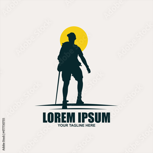 Mountain travel man retro emblem, extreme adventure, climbing outdoor tourism logo. - Vector