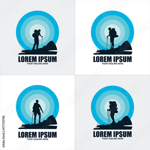 tourist climbs the mountain symbol, travel and expedition logo template