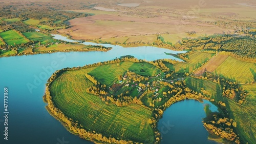 4K Aerial View Of Village Houses Near Lakes And Countryside Landscape. Lepel Lake. Lyepyel District, Vitebsk Region, Belarus