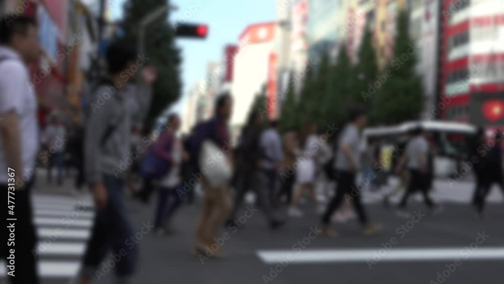 Blurred defocused view of crowd of people crossing the street at Tokyo Akihabara area, known for electronic and anime stores in Japan. Asian pedestrian crosswalk. Japanese shopping Blurred defocused view of crowd of people crossing the street at Tokyo Akihabara area, known for electronic and anime stores in Japan. Asian pedestrian crosswalk. Japanese shopping