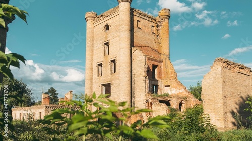 Remains Of Yastrzhembsky Estate And Park Complex. Old Five-storey Brick Water Tower. Borisovshchyna, Khoiniki District, Belarus photo