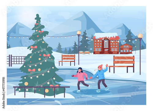Ski resort concept. Happy children skate on a skating rink. Cute kids