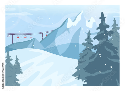 Winter ski resort landscape. Ski and snowboarding paths with ski lift.