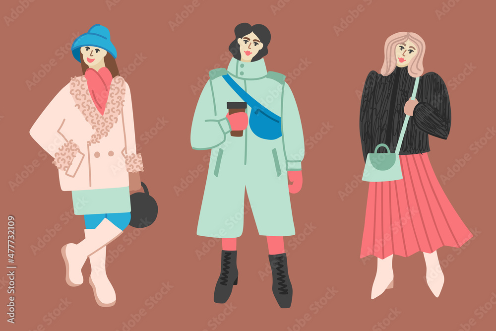 Set of flat illustrations of women in casual winter clothes and shoes. Girls in fashionable casual and business style clothes, fur coat, oversize coat, high boots, shoulder bags