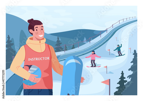 Male ski resort instructor holding a snowboard. Snowboarding instructor