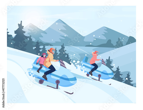 Snowmobiling. Family riding a motor sled. Characters in outwear and helmet © inspiring.team
