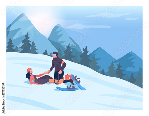 Ski resort rescuer. Lifesaver on a snowmobile performing a first aid