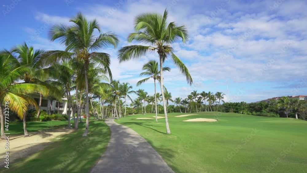 Sunny green park with short cut grass and palm trees. Summer morning in resort area under blue cloudy sky. Travel recreation and entertainment in a tropical park outdoors. Sunny green park with short cut grass and palm trees. Summer morning in resort area under blue cloudy sky. Travel recreation and entertainment in a tropical park outdoors.