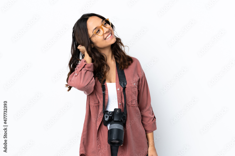 Young photographer woman over isolated white background thinking an idea Young photographer woman over isolated white background thinking an idea
