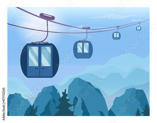 Ski lift transportation. Aerial lift lifting up people to a mountain top.