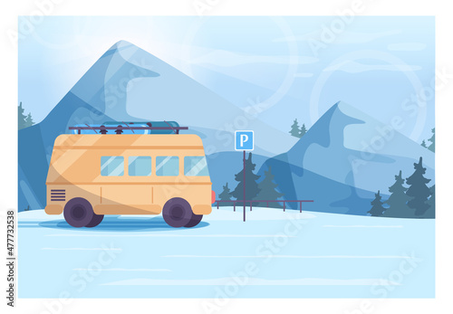 Fototapeta Naklejka Na Ścianę i Meble -  Winter landscape. Van is standing on a parking lot near a ski resort village.