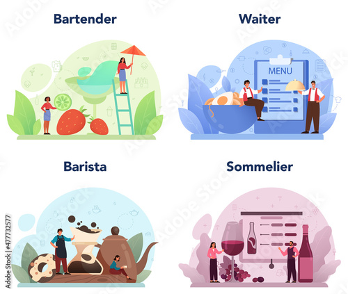 Restaurant staff set. Barman and barista preparing alcoholic drinks and coffee