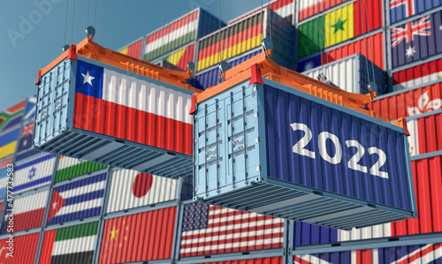 Trading 2022. Freight container with Chile national flag. 3D Rendering © Marius Faust