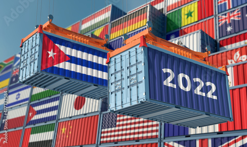 Trading 2022. Freight container with Cuba national flag. 3D Rendering © Marius Faust