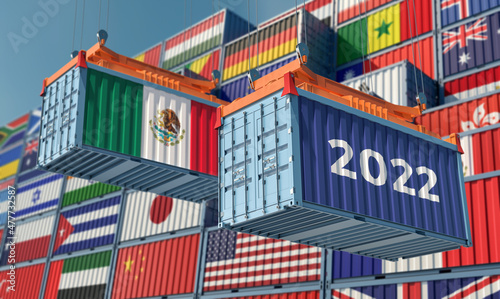 Trading 2022. Freight container with Mexico national flag. 3D Rendering © Marius Faust