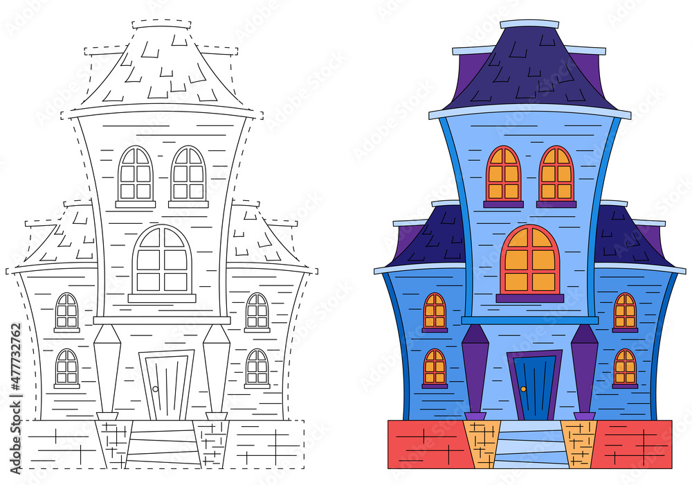 An old wooden house. Coloring book for children. Practice of handwriting. Education Development Worksheet.