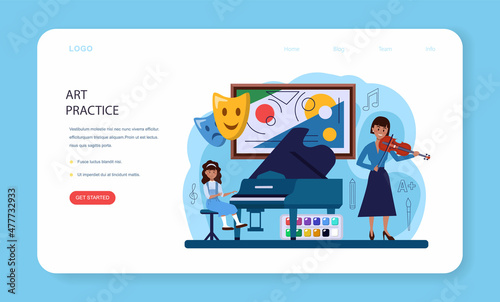 Art school education web banner or landing page. Student holding art tools