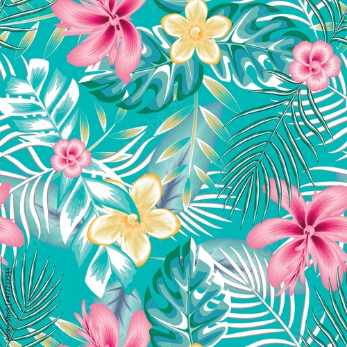 Flower and leaves tropical exotic seamless pattern colorful fabric texture print repeated. Exotic beige frangipani, abstract hibiscus floral elements, palm leaves tropic blue and branches on pastel