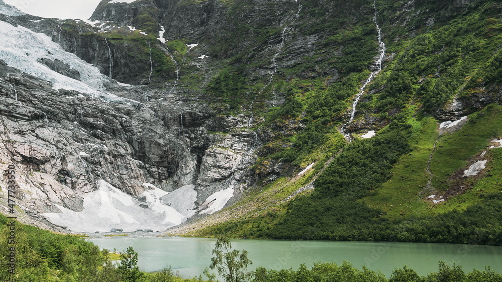 Jostedalsbreen National Park, Sogn Og Fjordane County, Norway. Boyabreen Glacier In Spring Sunny Day. Famous Norwegian Landmark And Popular Destination.
