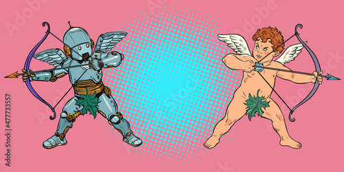 Robot and Baby angel Cupid with a bow and arrow, a mythical character of love