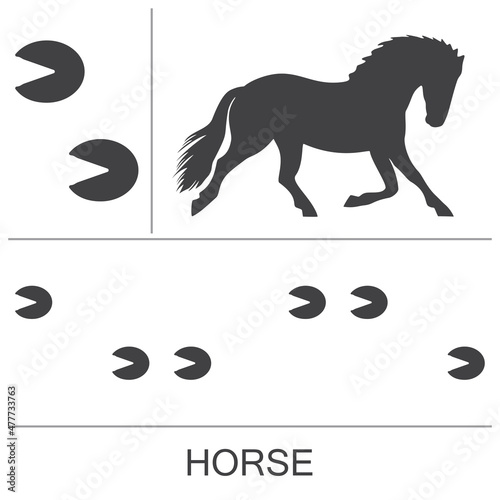 Horse silhouette and footprints. Vector illustration on a white background.