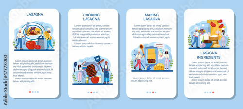 Tasty lasagna mobile application banner set. Italian delicious cuisine