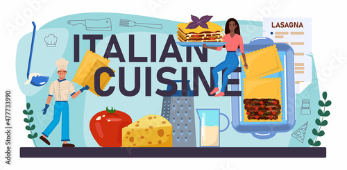 Italian cuisine typographic header. Delicious lasagna on the plate.