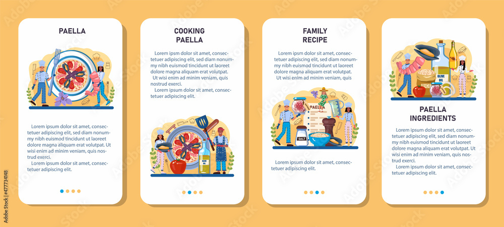Paella mobile application banner set. Spanish traditional dish with seafood
