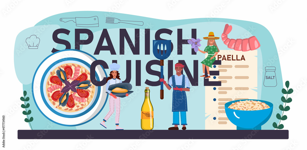 Spanish cuisine typographic header. Traditional paella dish with seafood