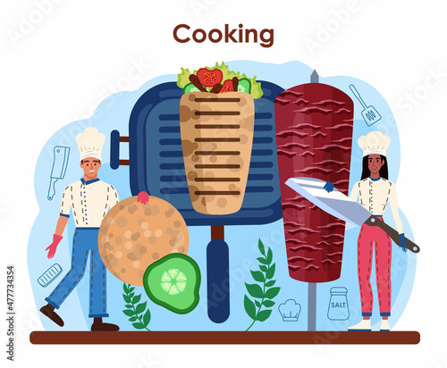 Shawarma maker concept. Chef cooking delicious street food roll