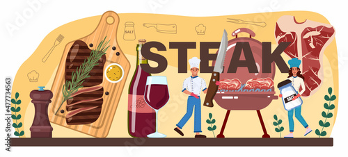 Steak typographic header. People cutting beef and cooking tasty grilled