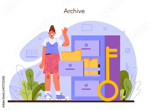 Foto Archivist concept. Archive administrator managing and maintaining
