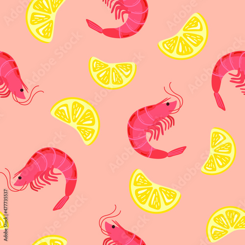 pink shrimp and lemon seamless pattern on pink background