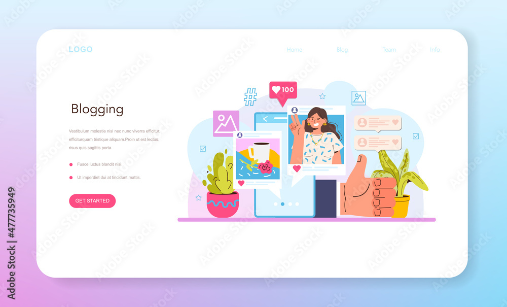 Blogger web banner or landing page. Character sharing media content Blogger web banner or landing page. Character sharing media content