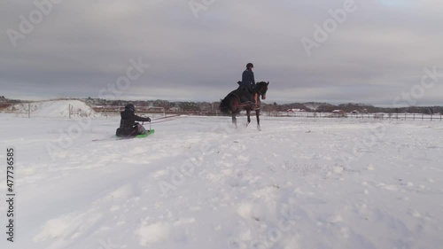 People riding a sled after a horse in the snow. Sledge, saucer, winter fun. 4K drone footage.