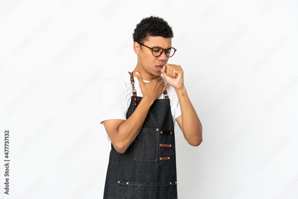 Restaurant African American waiter man isolated on white background is suffering with cough and feeling bad Restaurant African American waiter man isolated on white background is suffering with cough and feeling bad