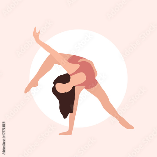 Dance pose with white shape, isolated on light background. Colorful flat vector illustration. Woman who dance. Dancer. Classical and modern dance