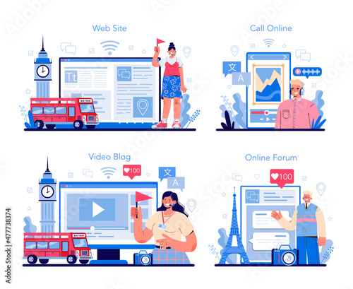 Tour vacation guide online service or platform set. Tourists listening